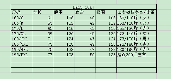 工作服尺寸規(guī)格表