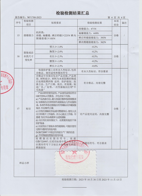 阻燃工作服檢測(cè)報(bào)告