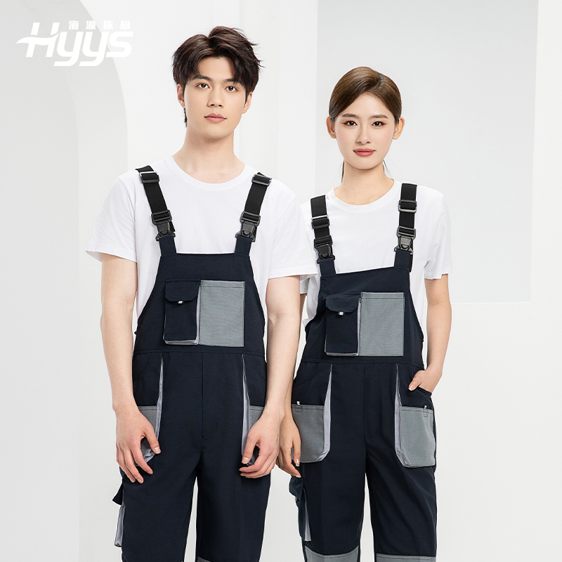 WF290 海源春秋背帶工裝男多兜牛津加固耐磨印LOGO機修連體廠服勞保服