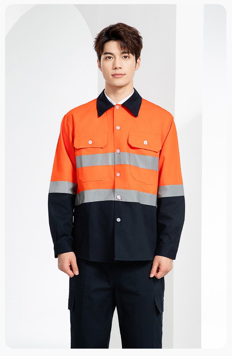 WQ2119 純棉煤礦井下勞保工作服套裝反光條建筑工地?zé)晒恻S橘襯衣襯衫(圖13)