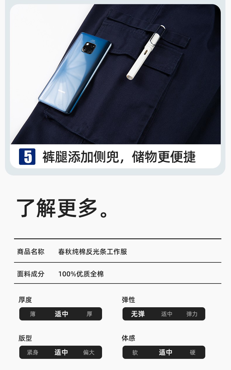 JC-3D07QM 純棉工作服定制男春秋長袖工裝印字工廠車間機(jī)修全棉反光勞保服(圖10)