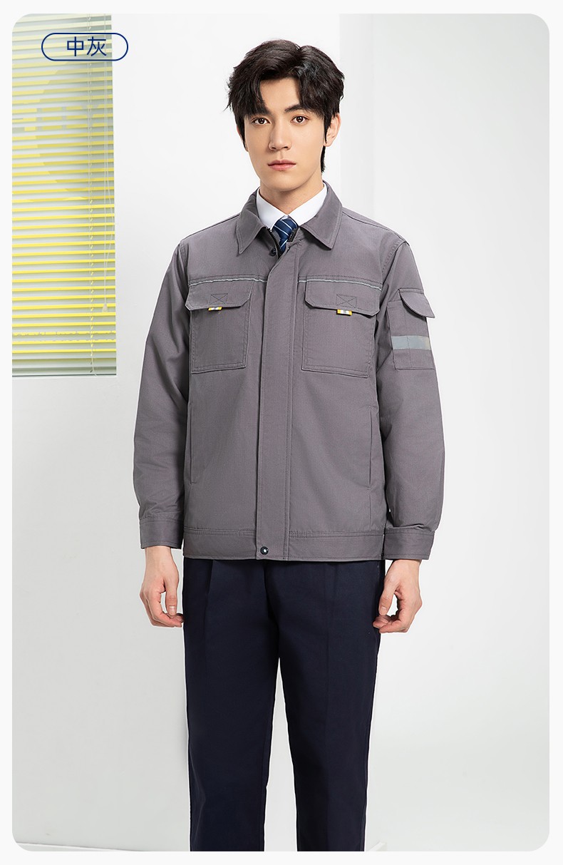 YJ-5601 春秋長袖工作服套裝印字logo男工廠車間反光條耐磨加厚工裝勞保服(圖16)