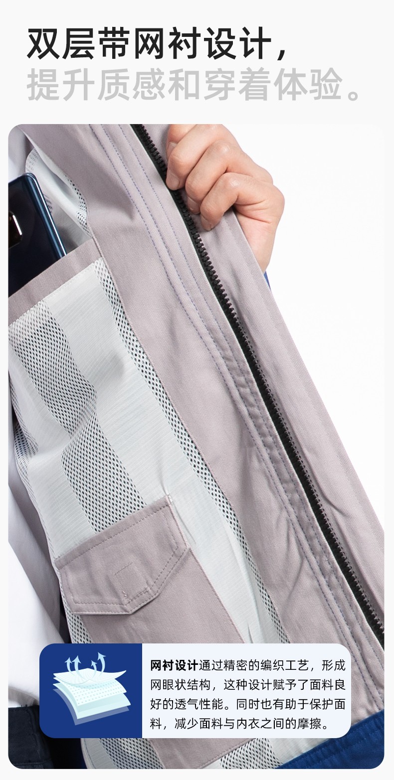 YJ-6901 春秋純棉工作服套裝印字男耐磨工作服機(jī)電維修工裝定制勞保工作服(圖4)