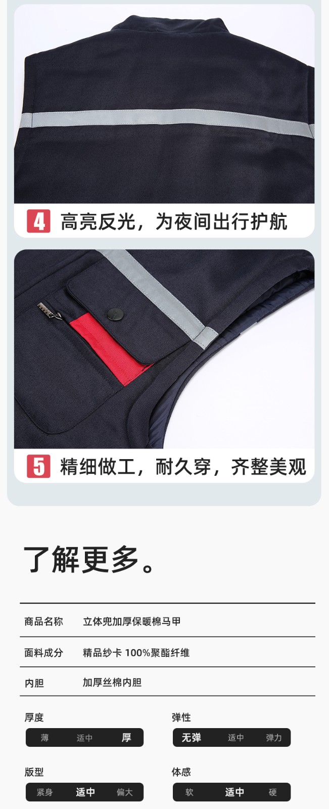 YJ-9901 冬季棉馬甲工裝立領(lǐng)純色反光條工作服多口袋拉鏈船廠加油站定制(圖11)