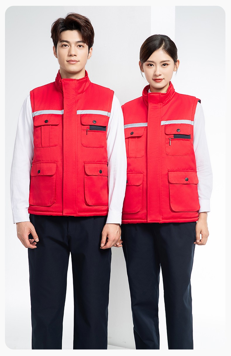 YJ-9901 冬季棉馬甲工裝立領(lǐng)純色反光條工作服多口袋拉鏈船廠加油站定制(圖16)