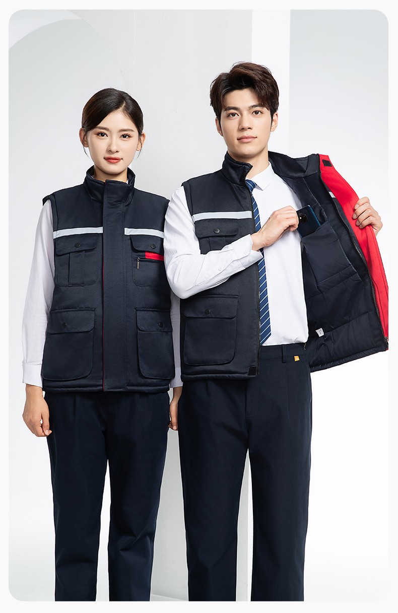 YJ-9901 冬季棉馬甲工裝立領(lǐng)純色反光條工作服多口袋拉鏈船廠加油站定制(圖18)