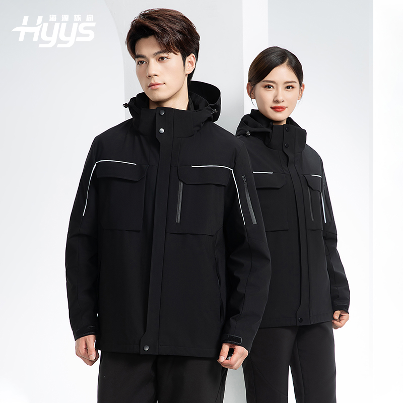 YJ-SK6016 冬季三合一沖鋒衣工作服連帽防風(fēng)防水加絨加厚印logo工裝外套定制