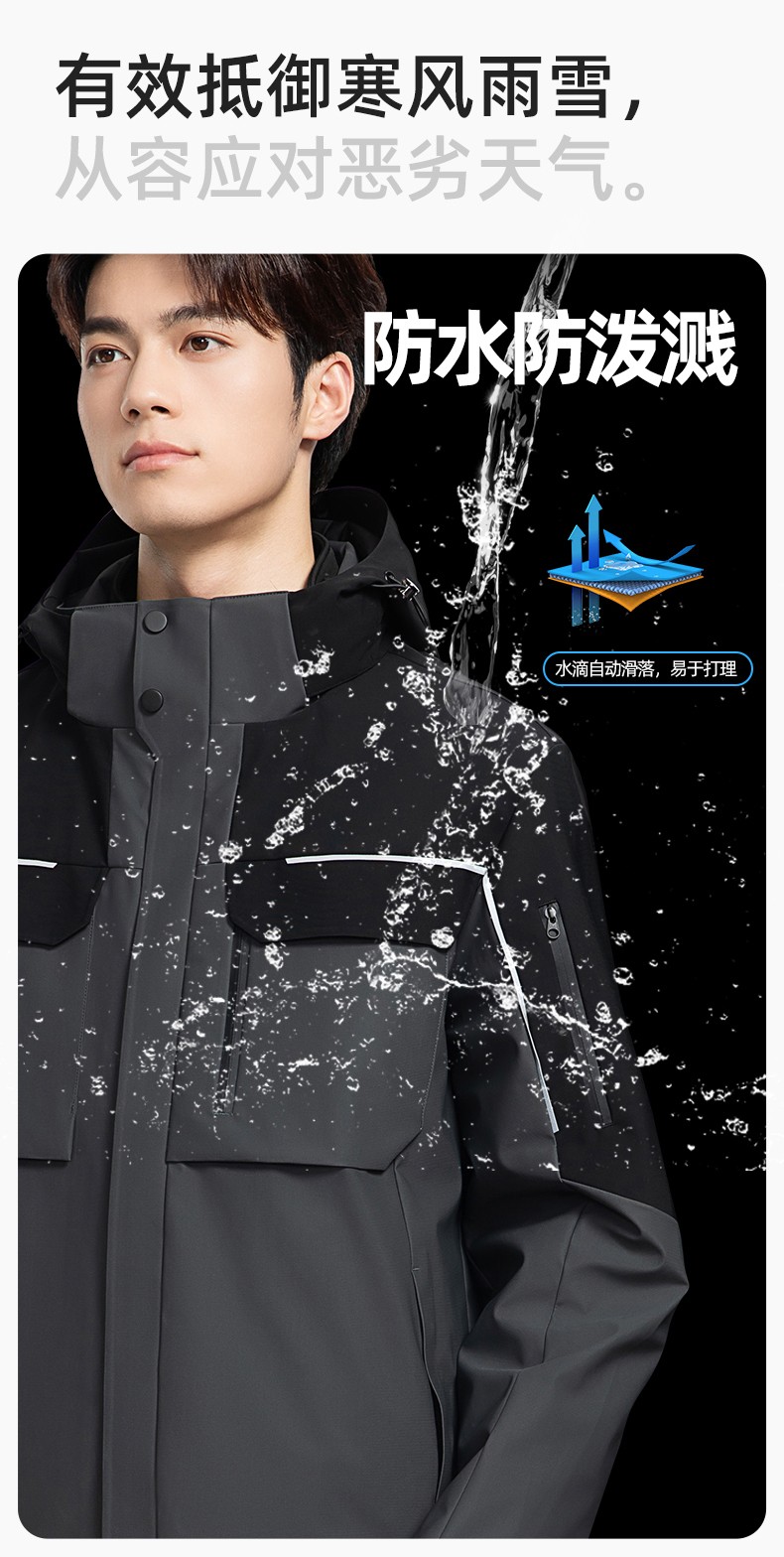 YJ-SK6016 冬季三合一沖鋒衣工作服連帽防風(fēng)防水加絨加厚印logo工裝外套定制(圖5)