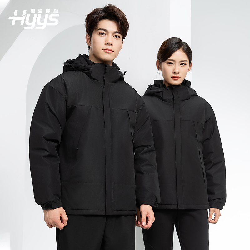 YJ-1915 冬季一體式?jīng)_鋒衣男女純色加絨防寒外套印LOGO公司團體服外套定制
