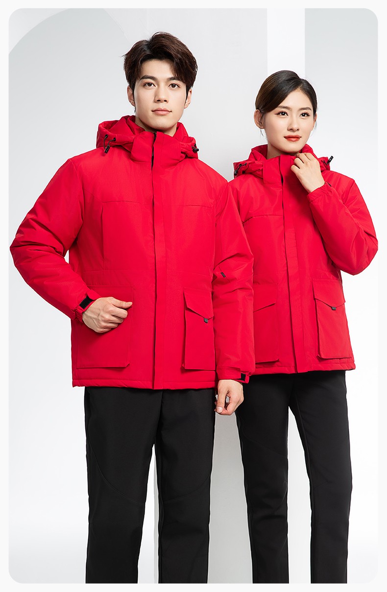 YJ-1916 冬季一體式純色沖鋒衣印LOGO男女兜蓋加厚保暖外套企業(yè)團體服外套(圖16)