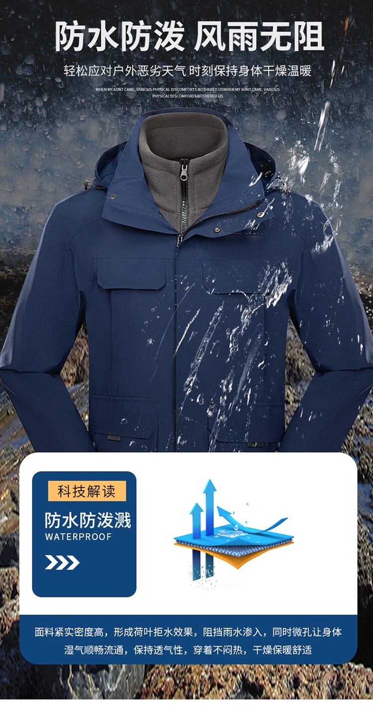 YJ-9809 秋冬季戶外三合一沖鋒衣工作服工作服可拆卸防水防風(fēng)印字logo工作(圖5)